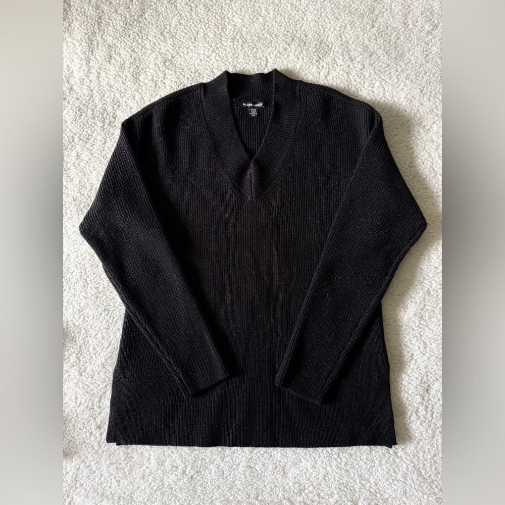 Hilary Radley Sparkle Knit V-Neck Long Sleeve Sweater Black Size Medium New
